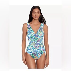 NWT Lauren Ralph Lauren Printed Ruffle Surplice One Piece Swimsuit size 16